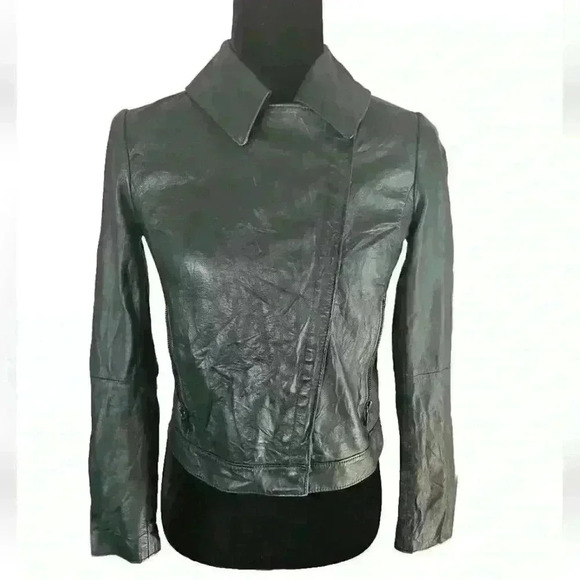 Tory Burch Women's Dark Green Sheepskin Leather Moto Jacket 0(XS-S) - Picture 5 of 16